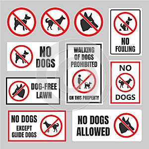 No dogs signs, dog prohibited labels