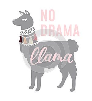 No drama llama cool illustration with lettering, llama, tassels.