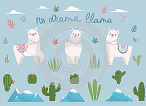 No drama llama cute cartoon set with lettering