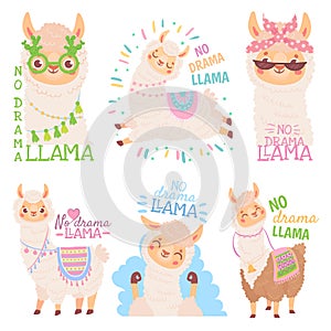 No drama llama. Funny llamas or cute alpacas quote, happy mexican alpaca vector illustration set photo