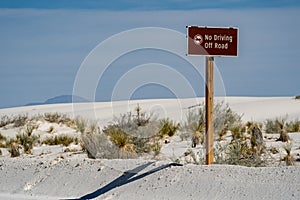 No driving off road sign in White Sands National Park in New Mexico