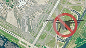 No drone flying warning sign and aerial view of the New York International Airport in Queens, NY