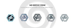 No drone zone icon in different style vector illustration. two colored and black no drone zone vector icons designed in filled,