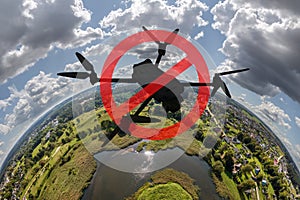 No drone zone sign concept for banning the use of drones in airspace. drone silhouette in red circle with crossed out stripe on