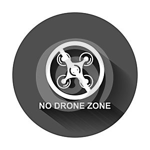No drone zone sign icon in flat style. Quadrocopter ban vector illustration on black round background with long shadow. Helicopter