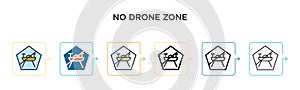 No drone zone vector icon in 6 different modern styles. Black, two colored no drone zone icons designed in filled, outline, line