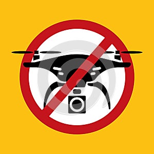 No drone zone Warning sign icon isolated on yellow background, Flights with drone prohibited, No drones icon in Prohibition red