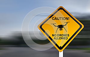 No Drones Allowed - Yellow Caution Sign - Flight Airspace Restriction Notice photo