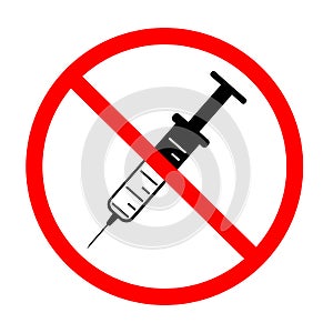 No drugs allowed icon on white background. no needles warning sign. no syringe symbol. medical syringe icon in red circle