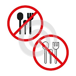 No eating allowed sign. No cutlery symbol. Prohibited fork and spoon. Vector illustration. EPS 10.