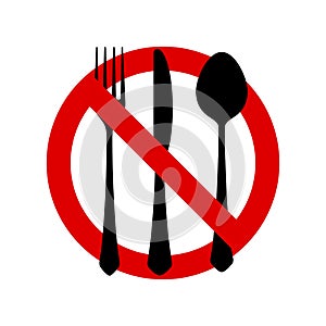 No eating allowed sign. Red prohibition no food sign. Do not eat forbidden round sign. Vector illustration