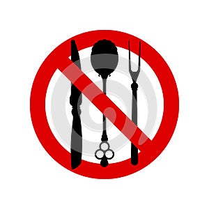 No eating allowed sign. Red prohibition no food sign. Do not eat forbidden round sign. Vector illustration