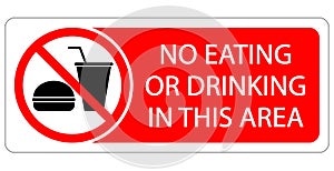 No eating or drinking in this area. Prohibition sign with symbols and text