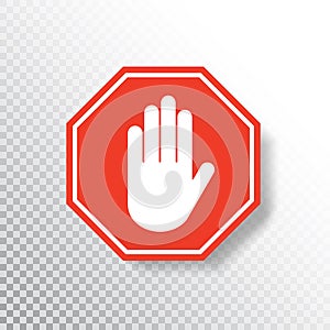 No entry hand sign on transparent background. Red stop sign icon with hand palm. Road sign. Traffic regulatory warning photo