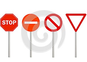 No entry, stop and traffic ban signs. Warning road sign on white background, red triangle. Make way. Vector Illustration