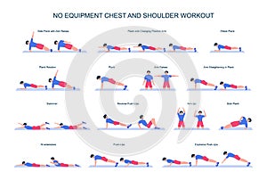 No equipment chest and shoulders workout set. Male character doing exercises