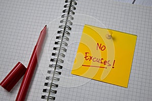 No Excuses! write on sticky note isolated on a book