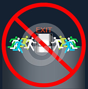 NO Exit sign out door many humans group run to emergency evacuation vector isolation.