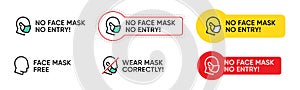 No Face Mask No Entry Message to Enter a Public Place. Stop Novel Coronavirus outbreak covid-19. Pandemic Editable Line