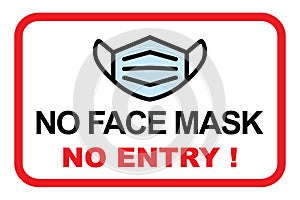 No facemask No entry sign. Information warning sign about quarantine measures in public places. Restriction and caution COVID-19