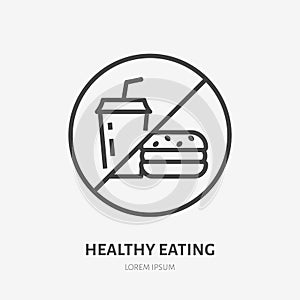 No fast food line icon, vector pictogram of unhealthy eating. Fastfood forbidden illustration, sign for diet