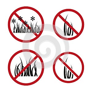 No flora symbols set. Grass silhouette negation. Environmental care signs. Vector illustration. EPS 10.