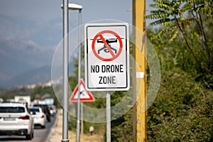 No-fly zone - drone fly forbiden - sign near the airport in Tivat