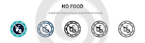 No food icon in filled, thin line, outline and stroke style. Vector illustration of two colored and black no food vector icons