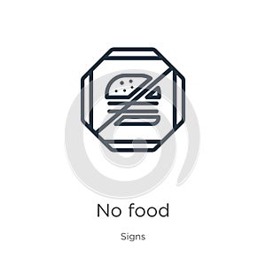 No food icon. Thin linear no food outline icon isolated on white background from signs collection. Line vector no food sign,