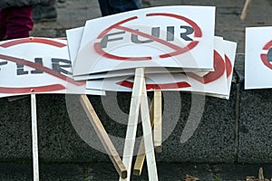 NO FUR placards and posters at Animal Rights Protest. March for Animal Advocacy in Riga, Latvia, Europe