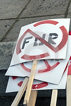 NO FUR placards and posters at Animal Rights Protest. March for Animal Advocacy in Riga, Latvia, Europe