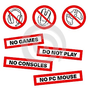 No games set icon. Forbidden gamepad icon. Prohibited gaming icon set, line sign design. Do not play games. Stickers. Line concept