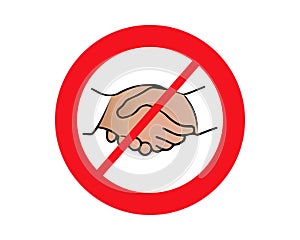 No handshake icon with red forbidden sign, avoiding physical contact and coronavirus infection. Forbidden handshake symbol concept