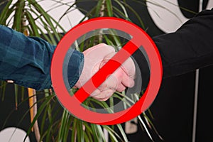 No Handshakes greeting to avoid the spread of coronavirus. Covid-19 Changes Etiquette. No handshake stop sign on businesses