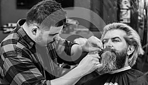 no hesitation. male hairdresser salon. barber professional master. making new hairstyle. man get trendy haircut