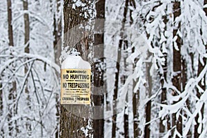 No hunting, no trespassing sign on a snowy tree in Wisconsin