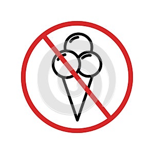 No ice cream sign. Not allowed entrance with food. Black ice cream icon in a red crossed-out circle. Vector illustration