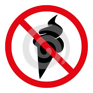 No ice cream symbol, prohibitory sign, red crossed out circle symbol with ice cream silhouette