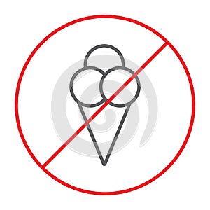 No ice cream thin line icon, prohibited and ban, no food sign, vector graphics, a linear pattern on a white background.