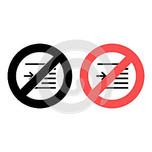No indent, text icon. Simple glyph, flat vector of text editor ban, prohibition, embargo, interdict, forbiddance icons for ui and