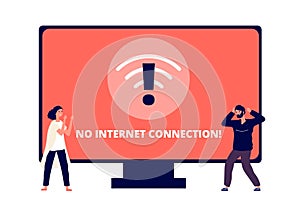 No internet connection. Wireless connectivity disconnect, error connection wifi. Annoyed people and unpluged computer photo