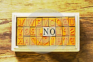 NO - isolated abstract in wood type stamps against wooden background and copy space