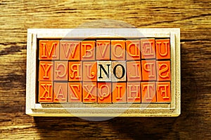 NO - isolated abstract in wood type stamps against wooden background and copy space