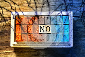 NO - isolated abstract in wood type stamps and black lightning or thunder against wooden background and copy space