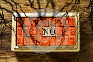 NO - isolated abstract in wood type stamps and black lightning or thunder against wooden background and copy space