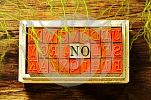 NO - isolated abstract in wood type stamps and lightning or thunder against wooden background and copy space