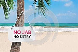 No Jab No Job Sign Plate Hanging on a Palm Tree on an Ocean Beach. 3d Rendering