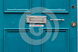 No junk mail precaution on door, London
