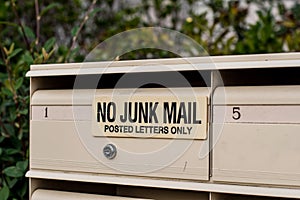 No Junk mail sign on letter boxes