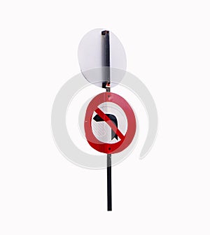 No left turn sign broken, distorted damaged isolated on white background. Traffic signs.